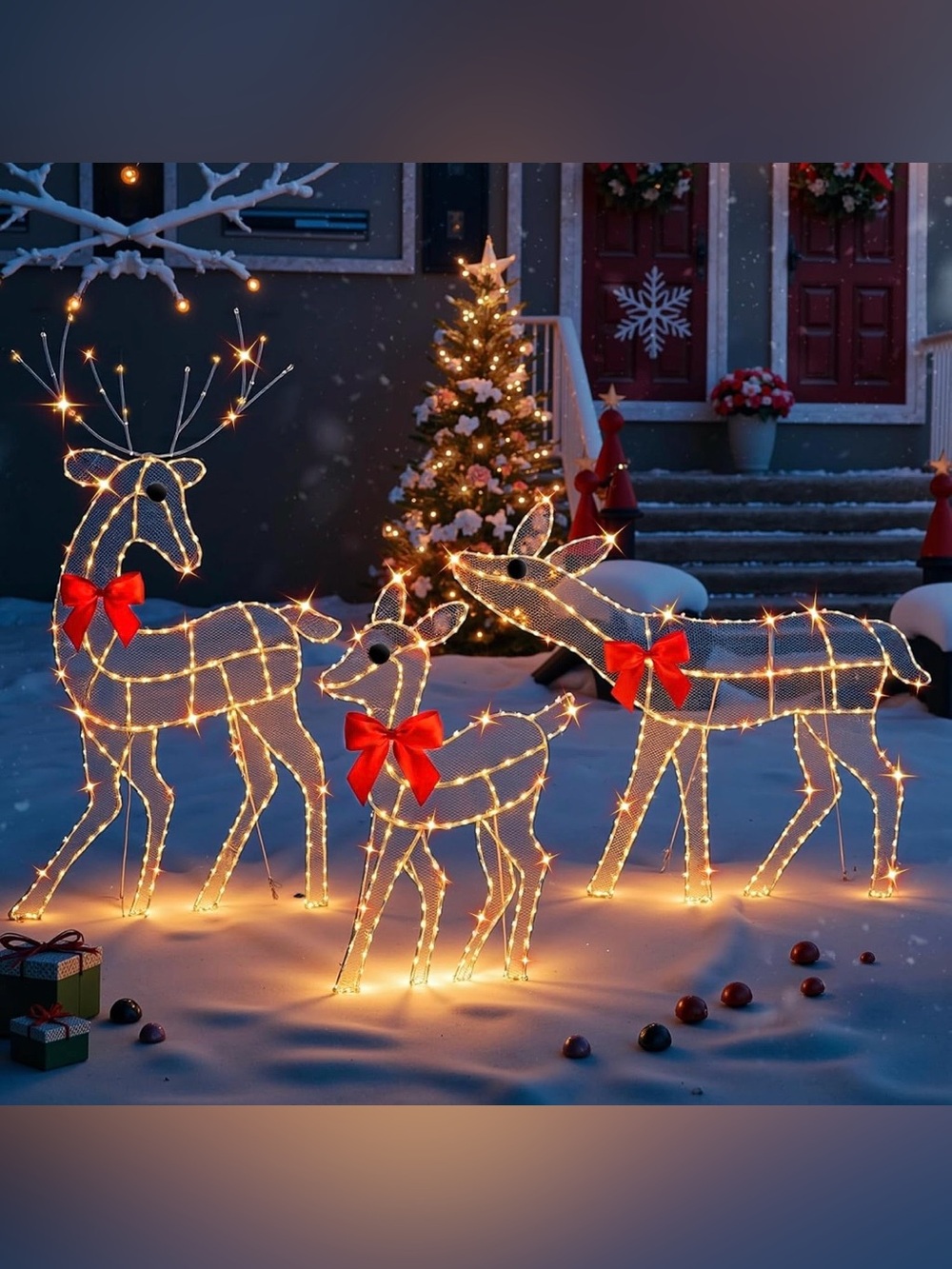 LED Lighted Christmas Reindeer Set with Red Bows - Home Holiday Decor